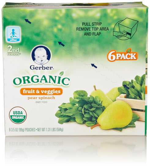 Gerber 2nd Foods Organic, Pear Spinach, 6 Count, 3.5 Oz Each
