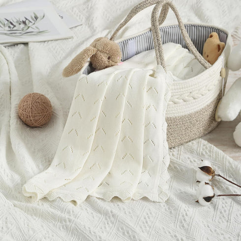 100% Cozy 40x30in Baby Blanket Cotton Knit Swaddle Soft Newborn Receiving Blanket for Boy/Girl Crib,Stroller White
