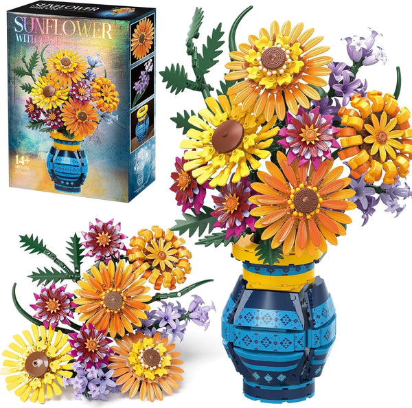Sunflower Bouquet Building Blocks w/ Vase Set, 1065 PCS Botanical Collection, Birthday