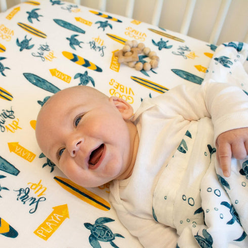 Surf-Themed Muslin Crib Sheet by Bebe au Lait