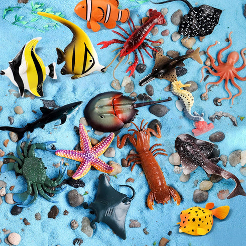 21Pcs, Sea Animals Toys Figures Plastic Marine Creature Shark Fish Starfish Crab Lobster Octopus Seahorse Coral