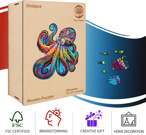 Unique Wooden Jigsaw Puzzles - Agate Octopus, 300 Pcs Medium Size, Luxurious Animal Shaped Wood Puzzle