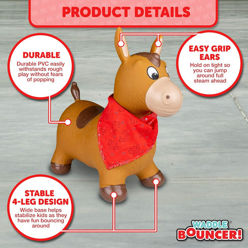WADDLE Bouncy Hopper Inflatable Toy, Hopping Animal for Toddlers and Kids, Pump Included, Brown Horse