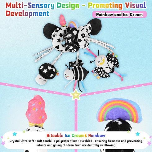0-6 Spiral Car Seat Toys for Babies, Months Stroller Pram Activity Hanging Toys High Contrast Black and White Sensory