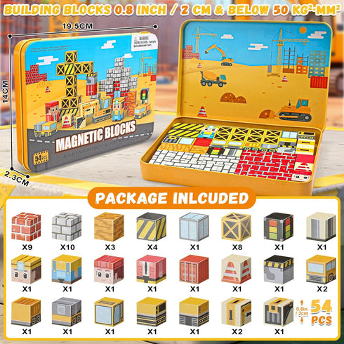 CREAFOMIFE 54 3+, Pcs Mini Magnetic Blocks Travel Toys with Portable Iron Storage Box for Kids Construction Themed