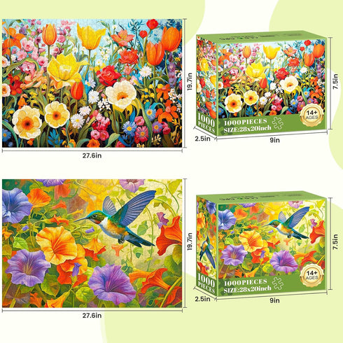 2 Pack Puzzles for Adults 1000 Pieces – 1000 Piece Hard Puzzles for Adults - Thick and Durable Hummingbirds and Flowers Jigsaw Puzzles for Family Fun Birthday Party Favors