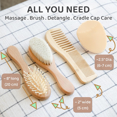 NEFERTOT Set Wooden Baby Hair Brush Grooming Kit with Beech Wood Goat Hair Brush, Cradle Cap Brush, Silicone Scalp