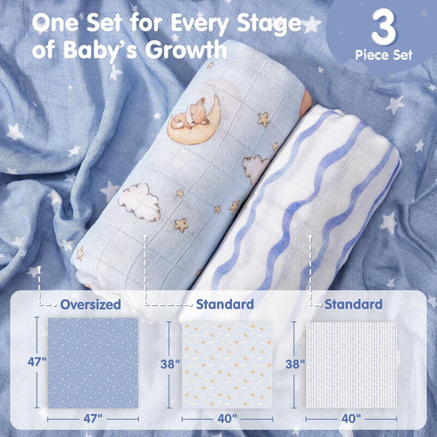 3-Pack, 1 (47" 47") 2 (38" 40") hahaland Muslin Swaddle Blankets Bamboo - Large x & Standard x - Breathable Silky Soft