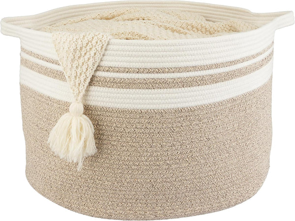 Large Cotton Rope Basket for Blankets, 22"x14" Toy Basket for Kids, Woven Laundry Basket for Clothes, Round White Brown