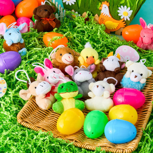 12 JOYIN Pcs Prefilled Easter Eggs with Plush Toys, Plastic Eggs Filled with Mini Stuffed Plush Toys, Basket Stuffers