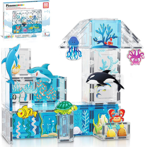 PicassoTiles Magnet Tiles Magnetic Building Blocks Aquarium Marine Animal Theme Set with