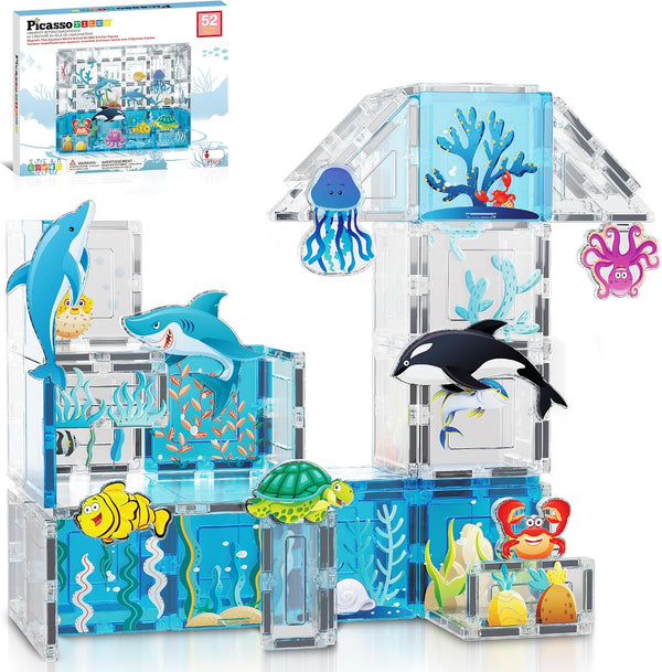 PicassoTiles Magnet Tiles Magnetic Building Blocks Aquarium Marine Animal Theme Set with