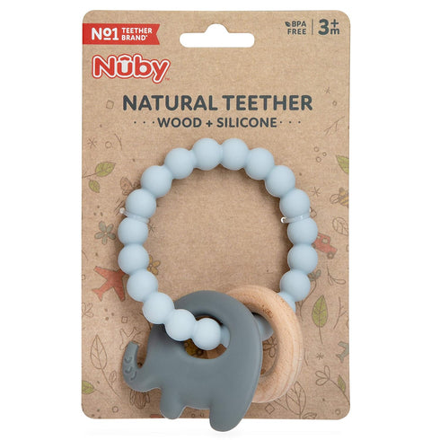 Nuby Elephant Teether Ring: Natural Wood & Silicone, Gray, 3 M+