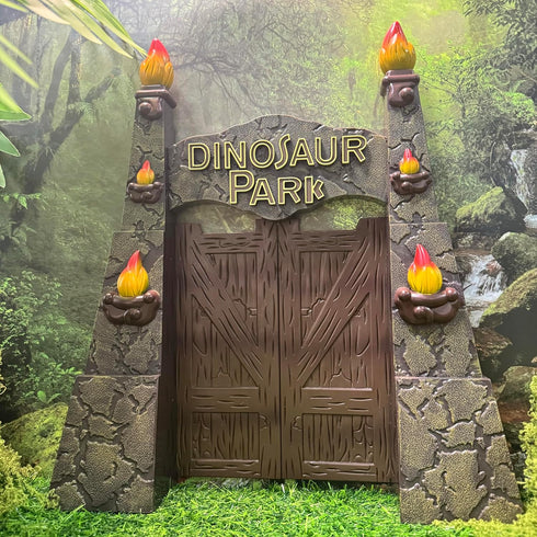 12inches Realistic Dinosaur Park Gate with Log, Nest of Eggs, Stone, Great Addition to Dino Toys, Truck or RC Dinosaur