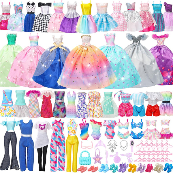 52 Pcs Doll Clothes and Accessories - 2 Wedding Gowns, 6 Fashion Dresses, Casual Outfits, Shoes, Accessories for Girls