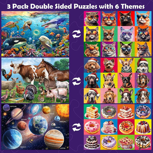 Biorgur 4-6 6-8,3 Pack 100 8-10 (6-in-1),Learning Girls,17 11.5 Puzzles for Kids Ages and Pieces Double Sided Jigsaw