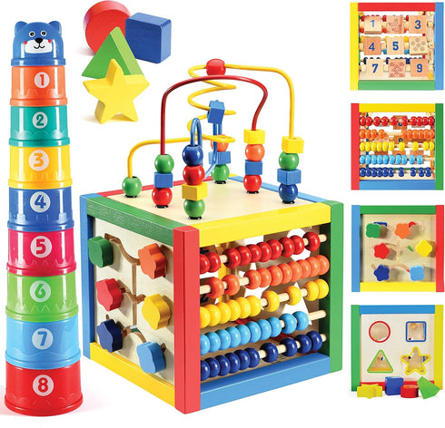 Play22 6 in-1 Counting Counting 8Pcs Wooden Activity Cube for Baby - Baby Activity Play Cube with Bead Maze, Shape