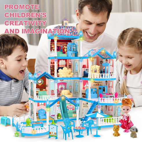Seifar Girls,10 3 4 5 6 7 8 9 10 Doll House for Rooms Blue House Toy with Doll Figures, Puppies, Lights, Furnitures