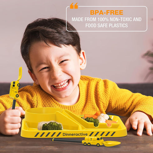 Set 3PC Dinneractive Dining For Kids - Yellow Firefighter Dinnerware - Fire Truck Utensils - Toddler Plates - Baby