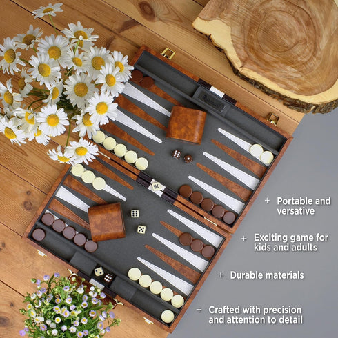Backgammon Sets for Adults, Leather Board Games for Travel, 15 Inch Board with 32 Pieces in Quality Set