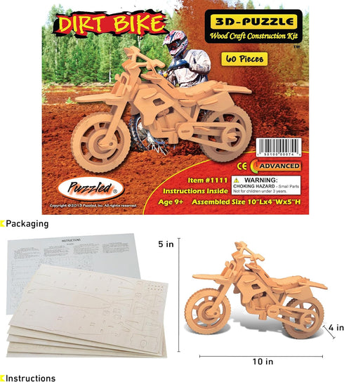 Puzzled 3D Puzzle Dirt Bike Wood Craft Model Kit, 60 Pieces Pack, Fun Educational DIY Wooden Toy to Build & Paint