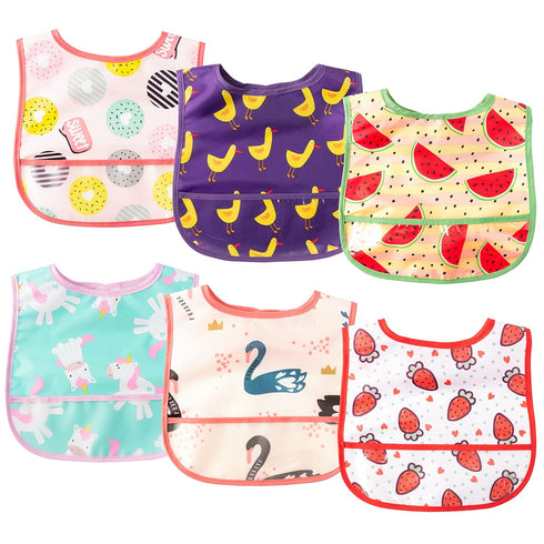 6Pcs Baby Feeding Bibs, Waterproof Toddler Bib Set with Crumb Catcher Pocket for 6-24 Months