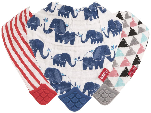 Nuby Reversible 100% Natural Cotton Muslin 3 Piece Teething Bib, Grey/Red/Blue, Arrows/Stripes/Elephants