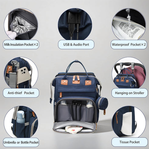 CESAILT Diaper Bag with Changing Station, Travel Diaper Bag Mosquito Net, Waterproof, Insulated Bottle Pockets