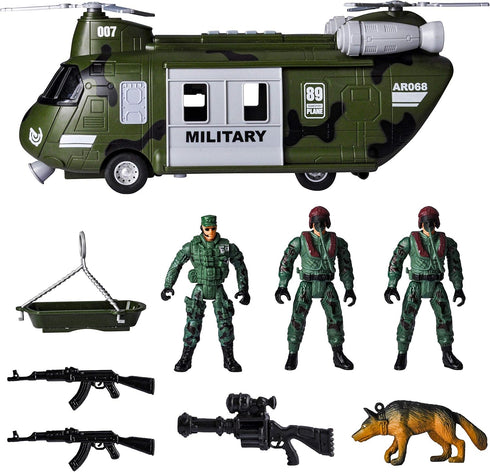 Set JOYIN Military Vehicles Toy of Friction Powered Transport Helicopter with Light and Sound Siren, and Soldier Army