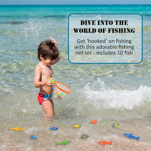 Bath Toy Fishing Net for Kids | Dive Game with 4 Sharks & 6 Multicolored Sinking Fish