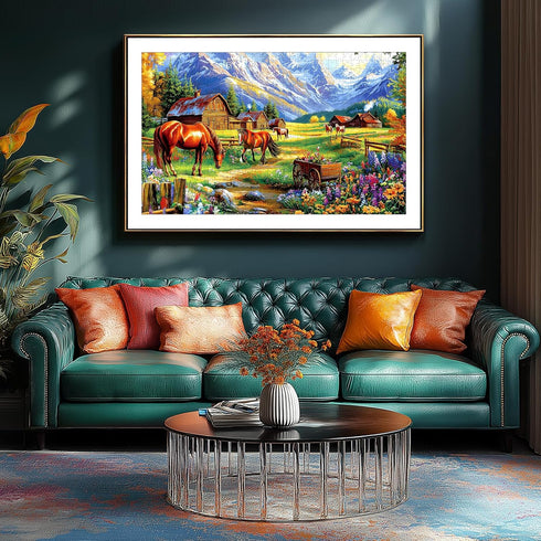 1000 (27.5 19.7 Inch) Pieces Jigsaw Puzzles for Adults, Mountain Landscape Puzzles with Grazing Horses and Log Cabin