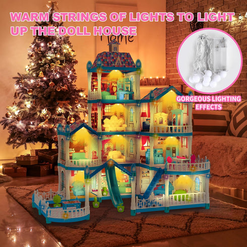 Seifar Girls,10 3 4 5 6 7 8 9 10 Doll House for Rooms Blue House Toy with Doll Figures, Puppies, Lights, Furnitures