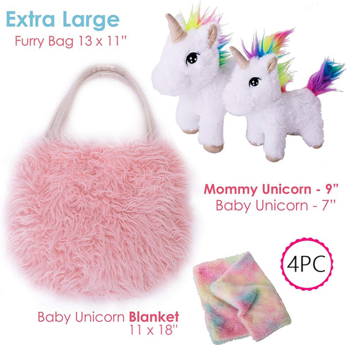 Perfectto Design Unicorn Toy for Girls Age 3-10; 4 PCS Set with Stuffed Animals and Doll Blanket