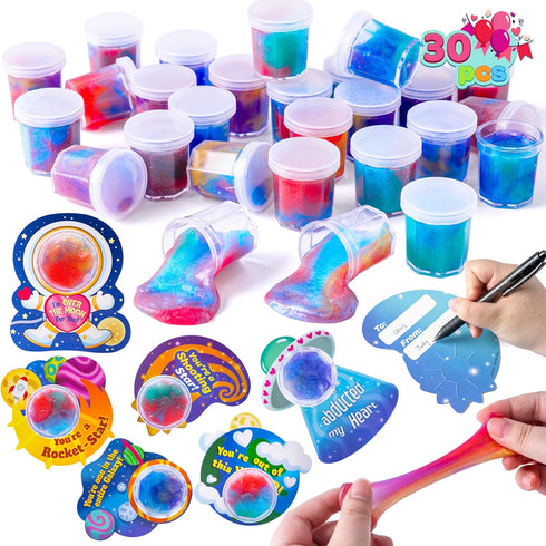 30 JOYIN PCS Valentine Day Gift Cards with Galaxy Slime Stress Relief Fidget Toy for Kids Party Favor, Classroom