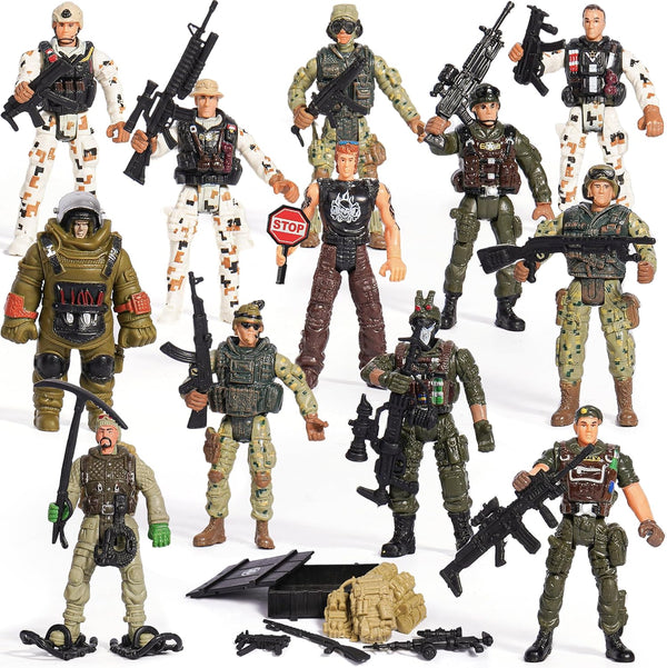 Army Toys Playset with 12 Realistic Army Men Action Figures and Accessories, Military Toy Soldiers for Boys and Girls