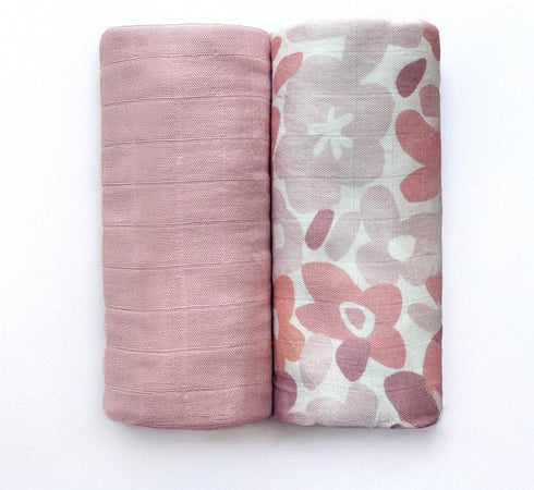 Set: (2-Pack) (2-Pack) 4-Piece Pink Floral Nursery Bedding Muslin Fitted Crib Sheets & Soft Newborn Swaddle Blankets