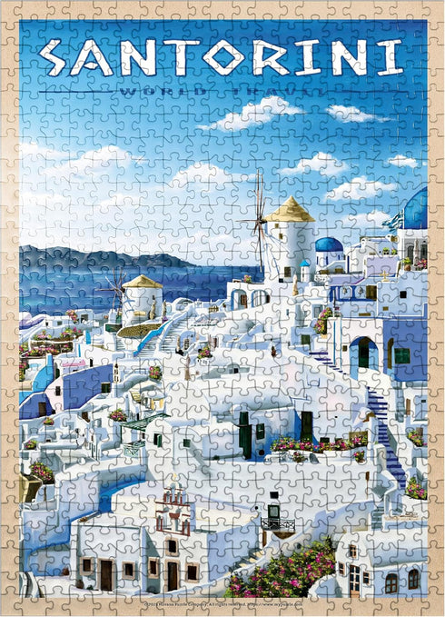 MyPuzzle Greece Santorini - in Blue and White, Vintage Travel Poster -