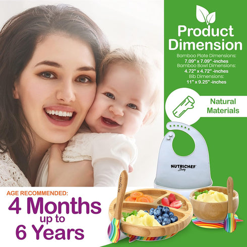 NutriChef Baby and Toddler, 3 compartment plate, bowl, and spoon feeding set- silicone suction, Non-toxic all natural Bamboo baby food plate with silicone bib (Rainbow), Small by NutriChef