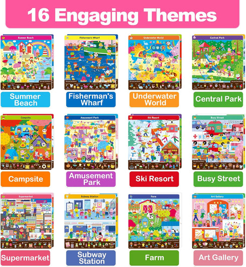 Preschool Learning Activities - Search and Find Books for Kids 3-6, Reusable Game with 16 Themes for Educational Fun