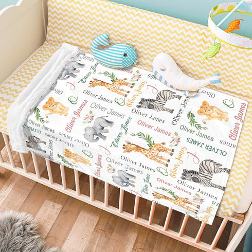 Novusopt Monogrammed Personalized Baby Blanket Safari with Name Custom Animal Receiving Blanket for Boy