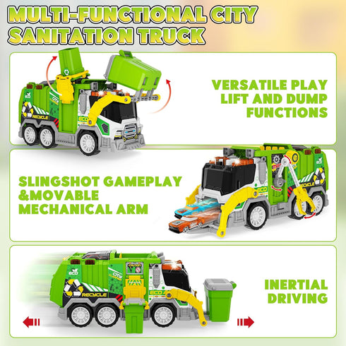 Set 2pcs 3 4 5 6 7 8 Large Friction Powered Garbage Truck Toy with Effect Sound, Ejecting Race Cars, Includes Dumpster