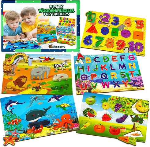 WOOODLIFY 5 Pack Wooden Puzzles for Toddlers 1-3 - Colorful Chunky Wooden Peg