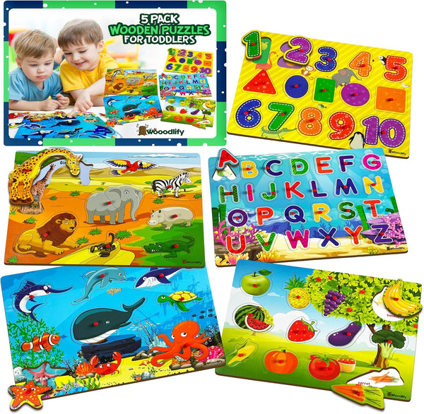 WOOODLIFY 5 Pack Wooden Puzzles for Toddlers 1-3 - Colorful Chunky Wooden Peg