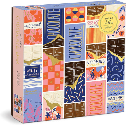 Galison at The Chocolate Bar – 500 Piece Foil Puzzle of Chocolate Bar Wrapper Artwork with Gold Foil Accents