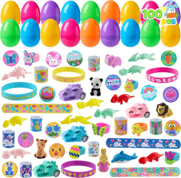 JOYIN 100 Pcs Prefilled Easter Eggs With Assorted Toys Plus Stickers Inside,