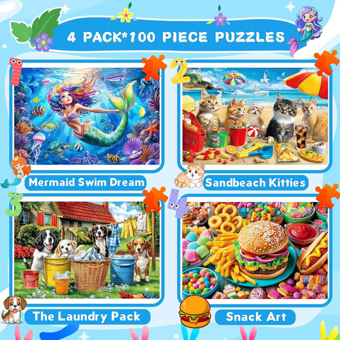 Ciesa 4 Packs 100 4-6 6-8 8-10, 4-6 5-8 Piece Puzzles for Kids Ages Mermaid Dogs Cats Hamburger Educational Jigsaw