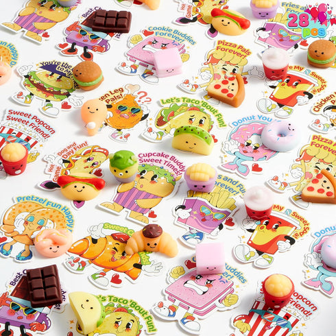 28 Packs 14 JOYIN Valentines Day Mochi Squishy Toy Gift Cards for Kids, Designs Kawaii Desserts Mochi to Squeeze