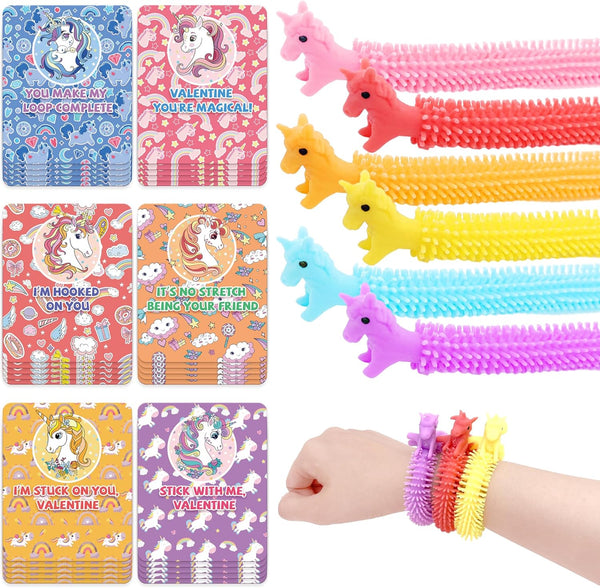 Gocozer 30-Pack Valentine's Day Cards with Stretchy String Toys Unicorn Noodles &