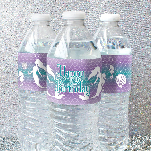 Mermaid Birthday Water Bottle Labels - 24 Stickers for Under The Sea Party Decorations, Mermaid Supplies