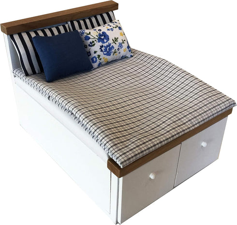 Dollhouse White Queen Bed for 6 Inch Dolls, Mini Wooden Bed with